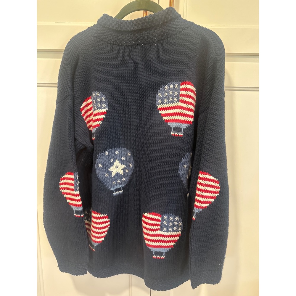 Vintage Patriotic Hot Air Balloon Cardigan Navy Cotton hand Knit Peru read - Picture 5 of 11